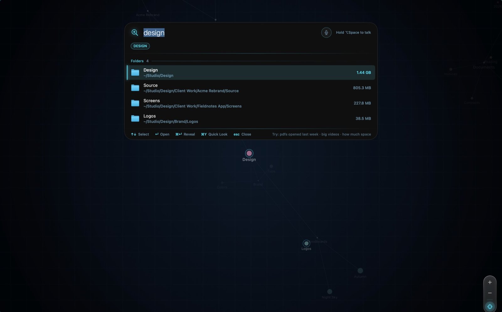 The search bar listing Design folders over the constellation
