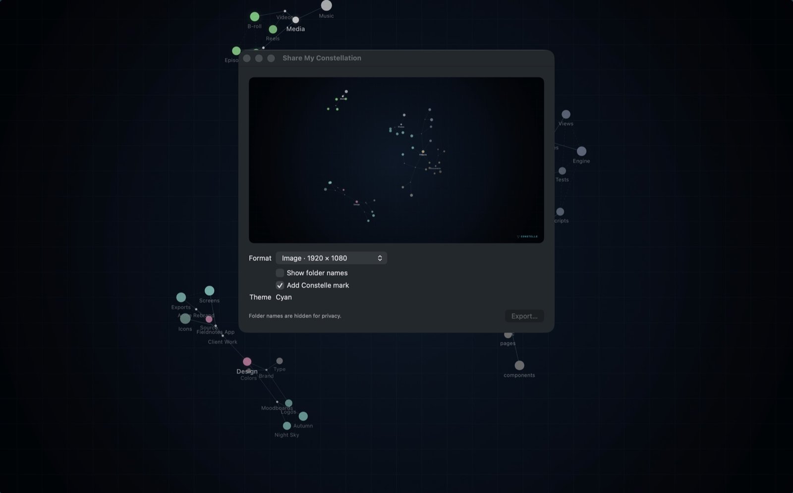 The Share My Constellation window with format and theme options